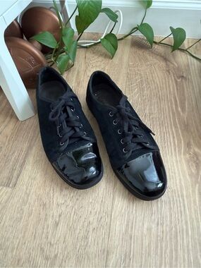 David Tate Black Suede & Patent Cap-Toe Oxfords
